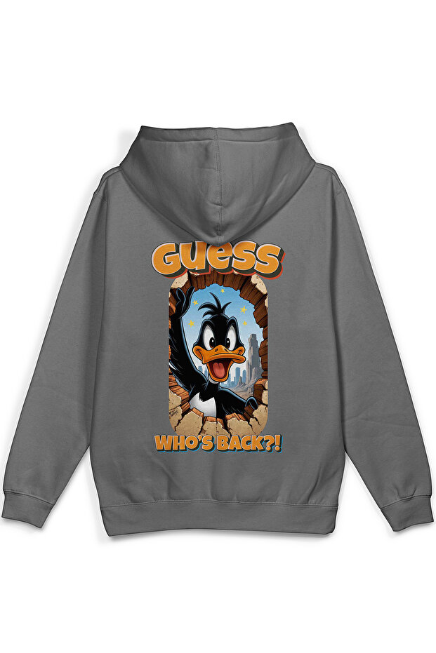 Who's Back Sırt Printed Hooded Yarı Oversized Sweatshirt Gray Hoodie 1393