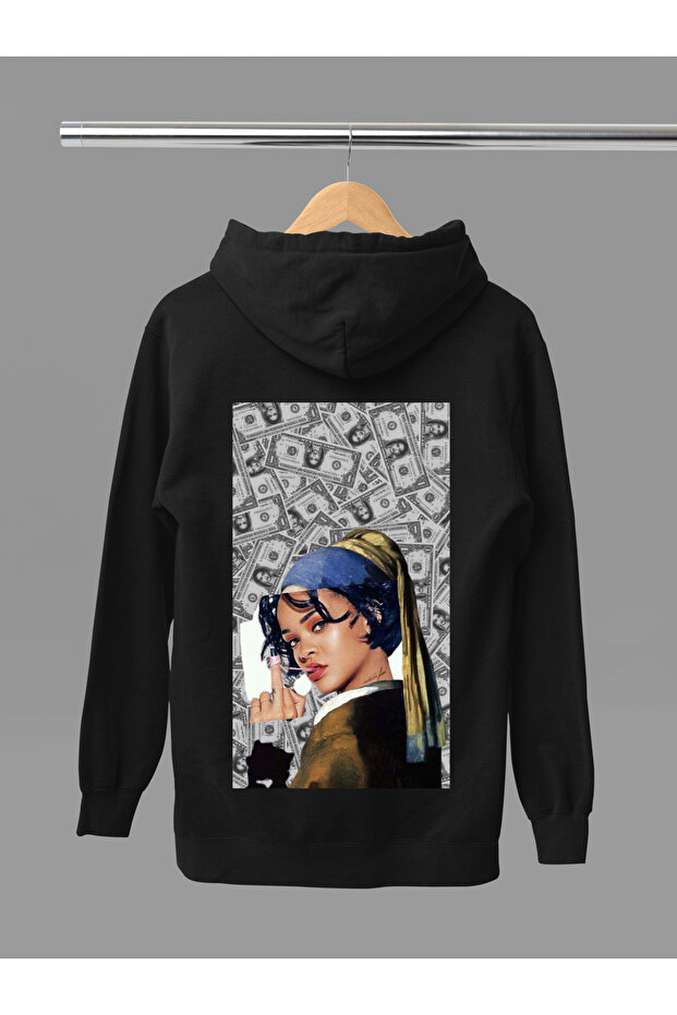 Rihanna Printed Cotton Long Sleeve Ribbed 3-Ply Hooded Sweatshirt