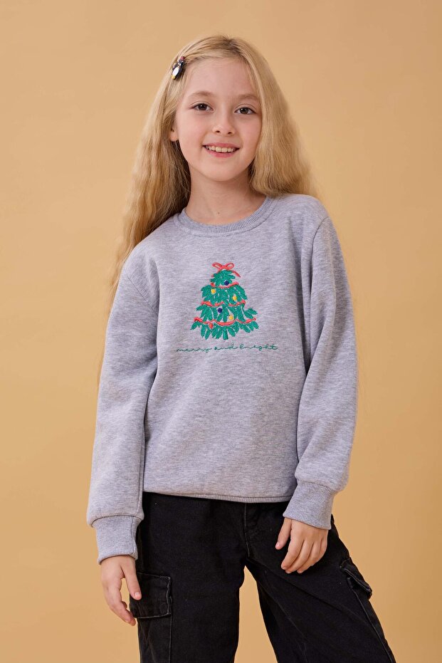 Girl's Crew Neck Embroidered Winter Sweatshirt – Gray Melange