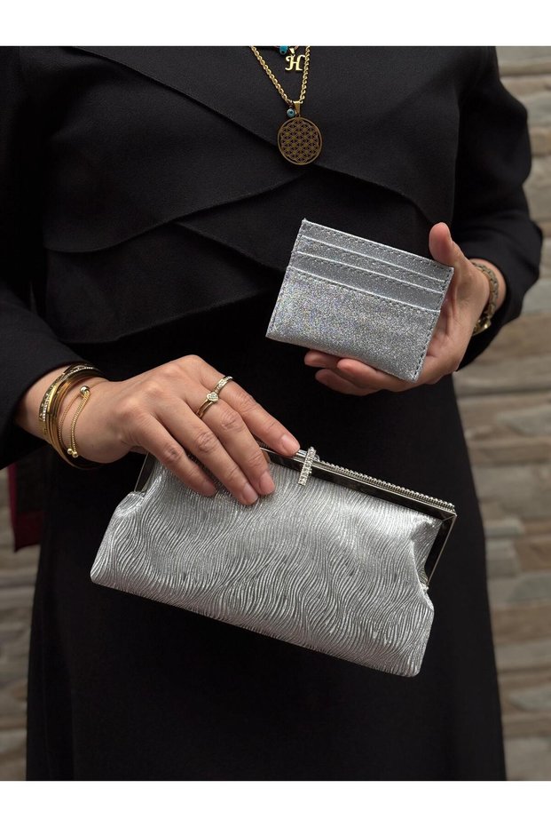 Stone Detailed Wavy Women's Portfolio Clutch Evening Bag with Card Holder Gift