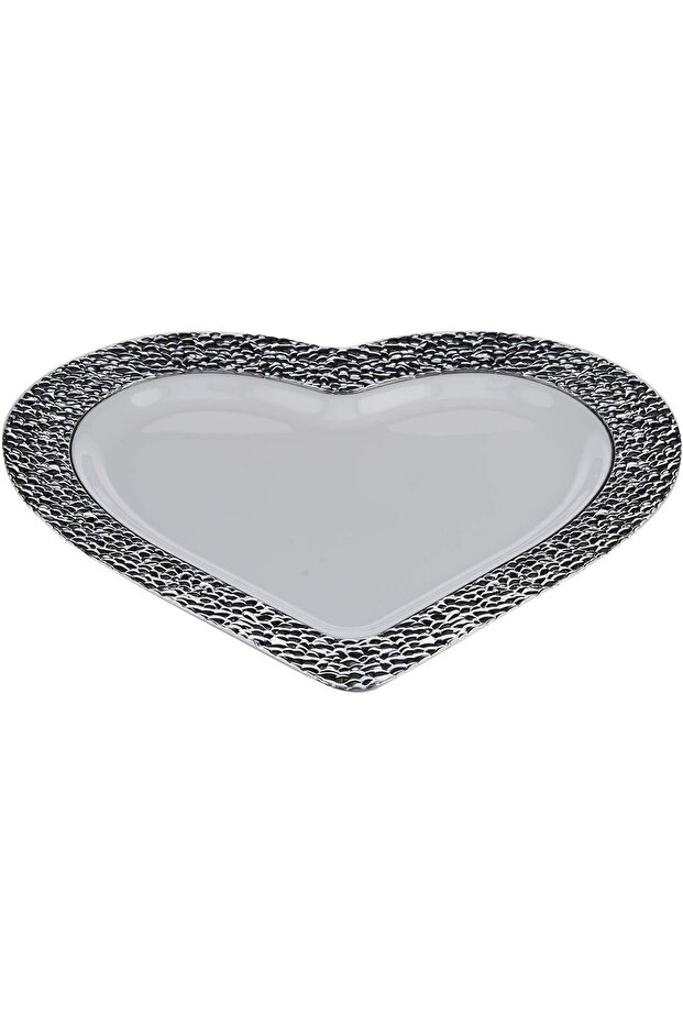 Premium White/Silver Heart Shaped Plastic Plates 10 Inch, 10 Pieces