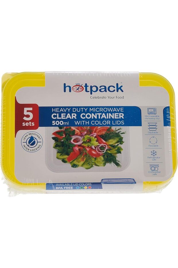 Heavy Duty Clear Microwave Container 500ml with Multicolour Lids, 5 Sets