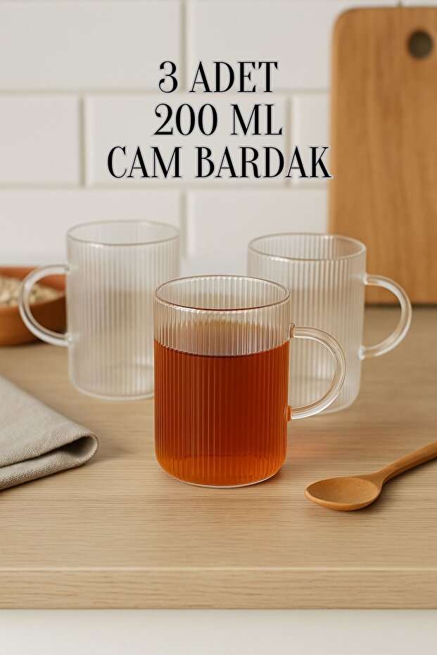 3 Pcs Heat Resistant Borosilicate Glass Coffee Tea Cups with Striped Handle - 200ml Glass Tea Cup