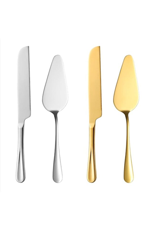 Cake Knife and Server Set, 27.2 cm Wedding Cake Cutting Tools, Stainless Steel with Rounded Edges, Silver and Gold, 2 Sets