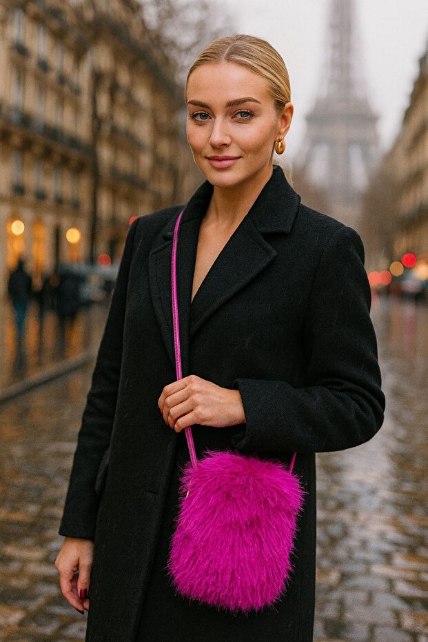 Fuchsia Soft Textured Plush Strap Women's Bag