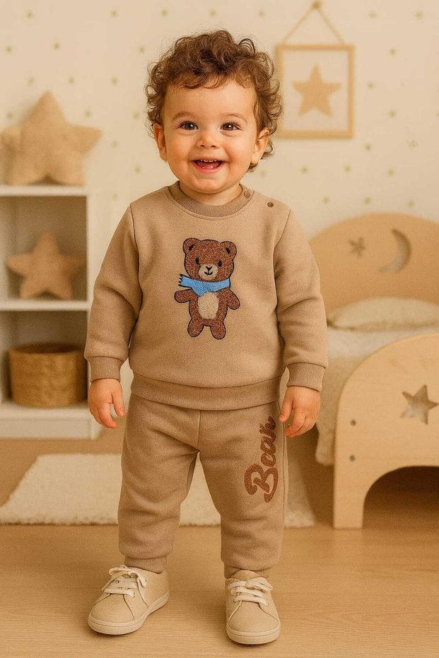 Atkili Ayicik Süzene Embroidered Winter Fleece 3-Thread Fabric Baby Boy Top and Bottom 2-Piece Set