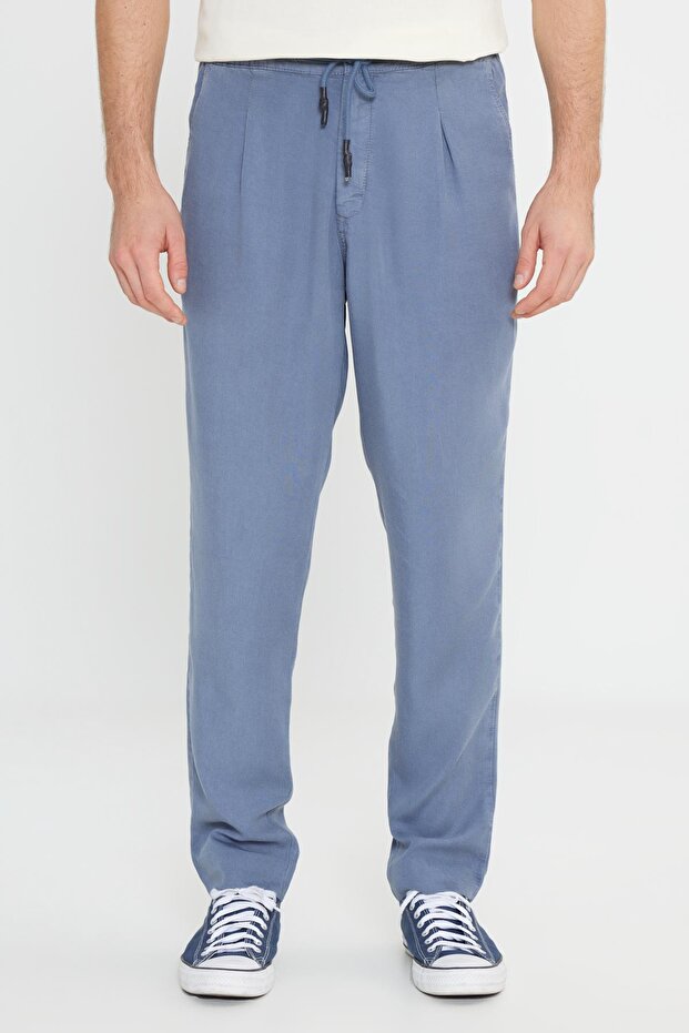 Regular Fit Regular Cut Blue Chino Trousers with Lacing Detail
