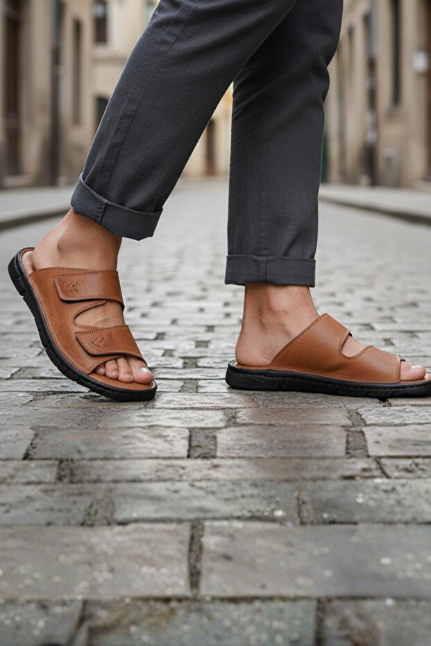 100% Genuine Leather Men's Slippers Double Strap – Velcro Detail