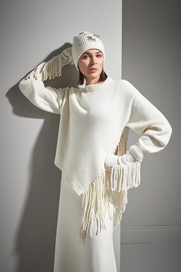 Püsküllü Ekru Triko Eldiven - 5