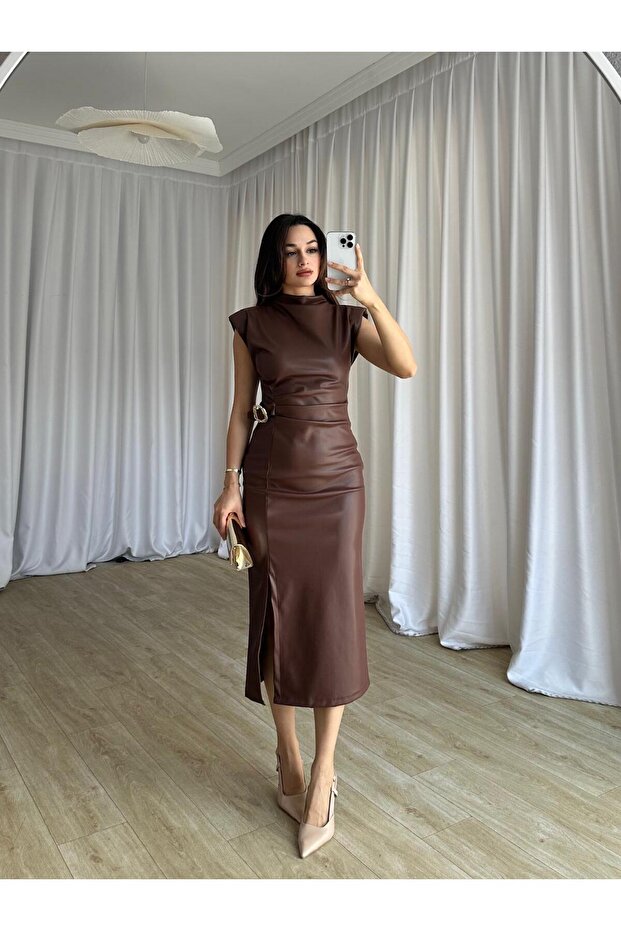 TAYLOR Midi Deri Elbise 8570 - Acı Kahve - 3