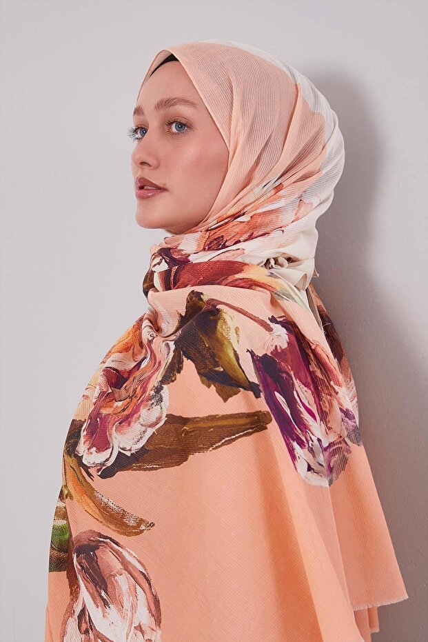 Salmon Tulip Pattern Cotton Shawl - 2