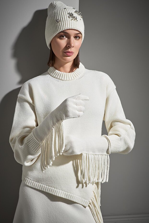 Püsküllü Ekru Triko Eldiven - 4