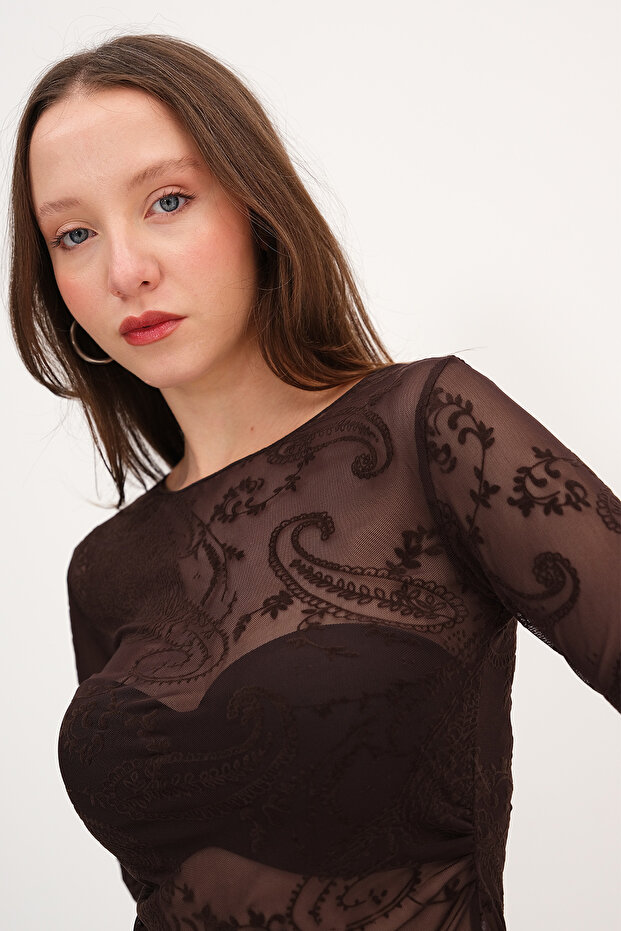 Desenli Tül Bluz B18507 - 4