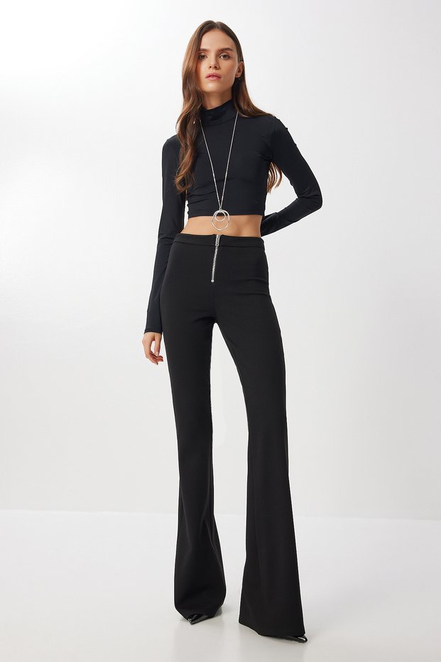 Zipper Detailed Spanish Leg Knitted Trousers Lub0266 Black