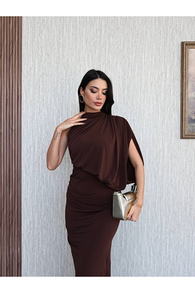 Tek Omuz Drapeli Uzun Elbise - 2