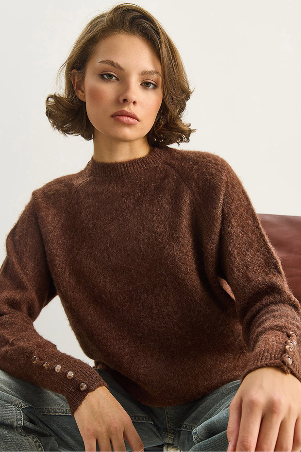 Damenpullover mit Knopfdetail an den Ärmeln, Basic-Strickpullover TK251107 60283668