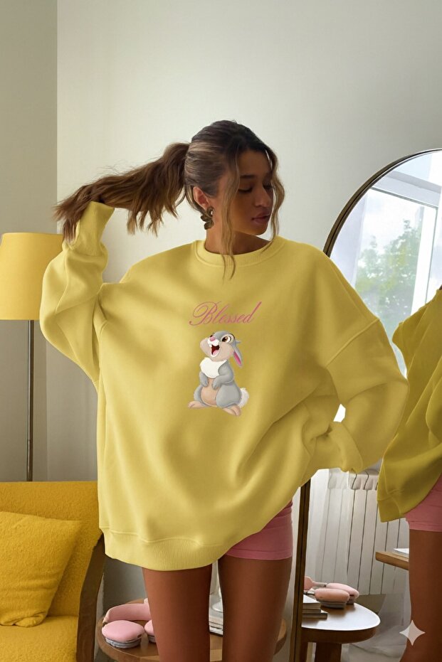 Women's Oversize Sweatshirt Dress Blessed Bunny Printed Yellow – Crew Neck, 3 Thread Fleece