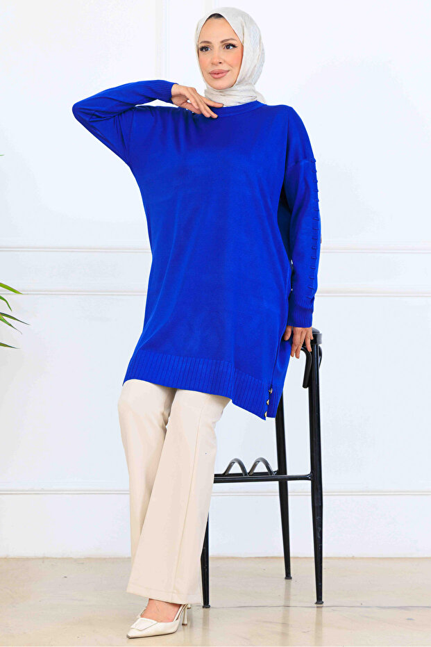 Mercerized Tunic with Patterned Sleeves K5012 Cobalt Blue