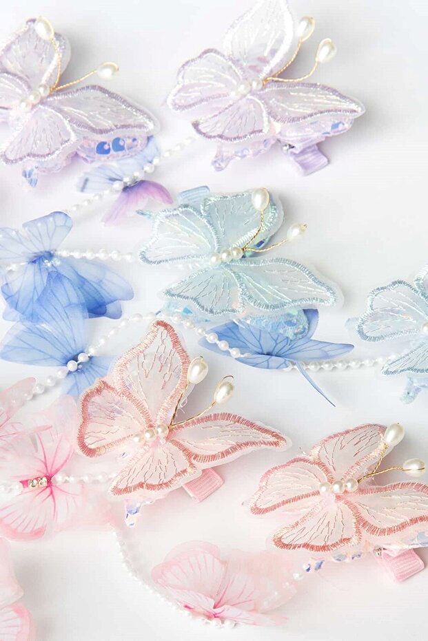 Set of 2 Dangle Clasps with Sequins and Pearl Detailing 3D Butterfly - 2