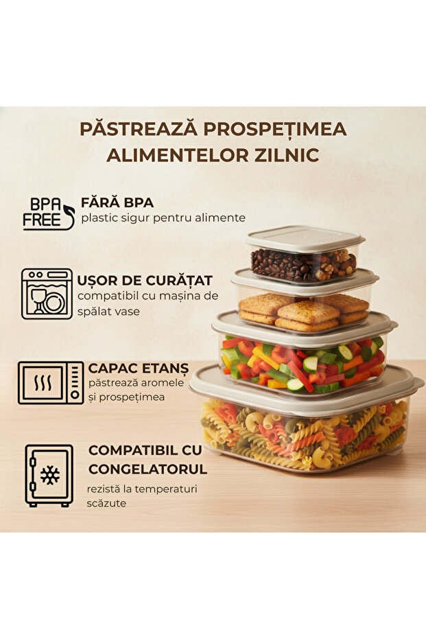 Set of 4 food containers, with lid, BPA-free, 0.2/0.53/1.1/2.2 L, transparent/beige - 4