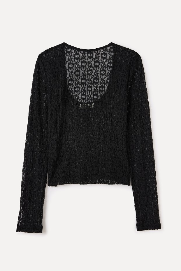 Women's Black Crew Neck Lace Blouse with Back Detail
