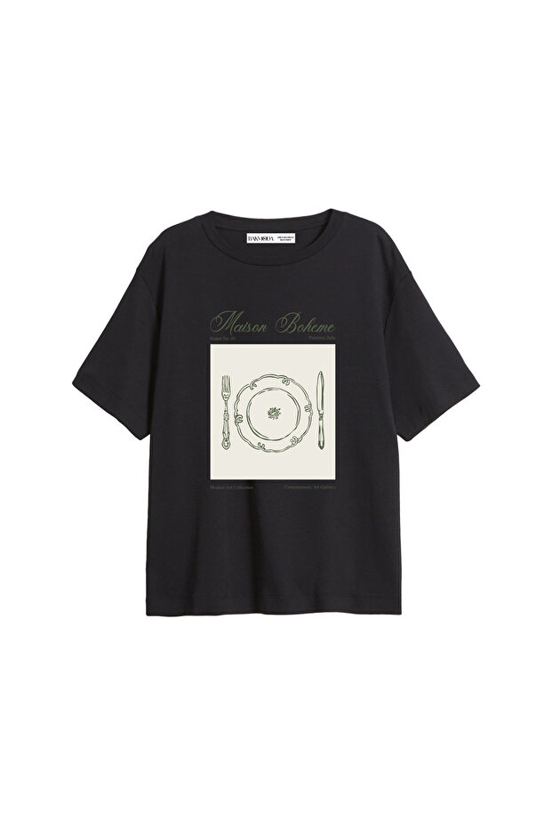 Maison Boheme Printed Relaxed Fit Black Women's Tshirt