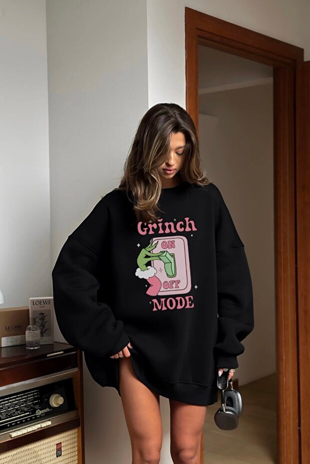 Women's Oversize Sweatshirt Dress Grinch Mode Printed Black – Crew Neck, 3 Thread Fleece