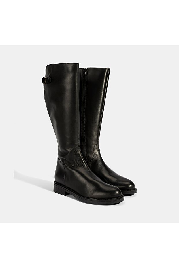 Women's Black Leather Boots with Metal Buckle Detail