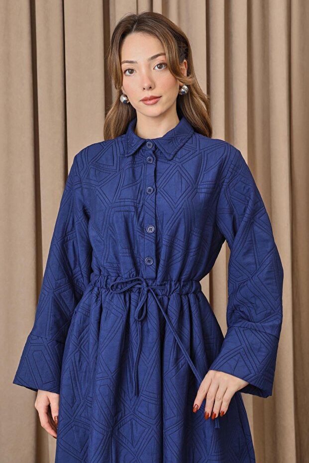 Kadın Belden Tünelli Kapitone Elbise - 20713ELB - Lacivert - 2