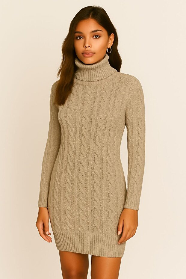 Saç Örgü Detaylı Triko Elbise - 1