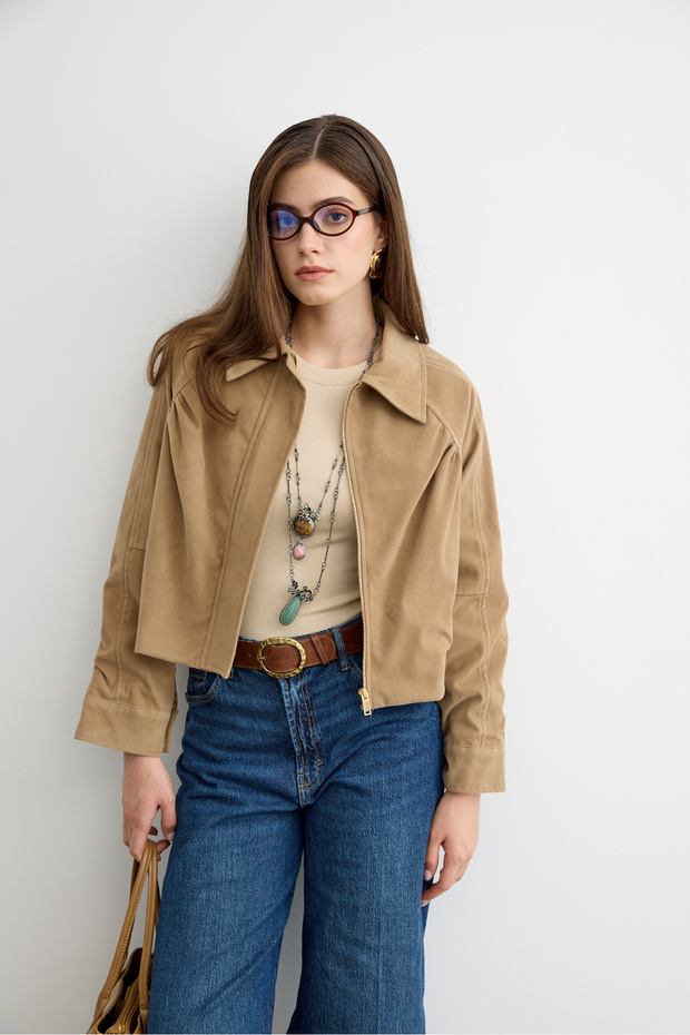 Süet Bomber Ceket Bej - 1