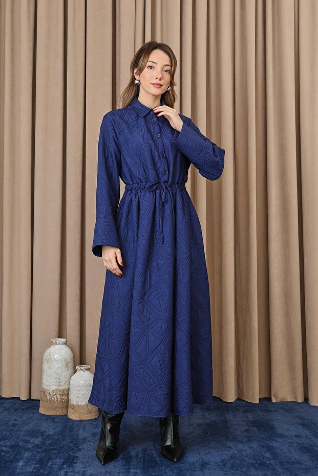 Kadın Belden Tünelli Kapitone Elbise - 20713ELB - Lacivert - 1