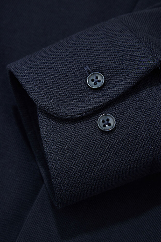 LACİVERT UZUN KOLLU ÖRGÜ DESENLİ GÖMLEK - 4