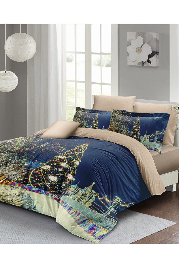 New Year's Duvet Cover Set 100% Natural Cotton Merry Christmas Double Starry Tree