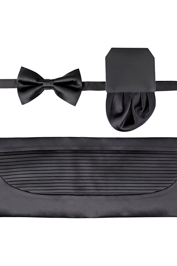 Siyah Papyon Kuşak Mendil Set - 1