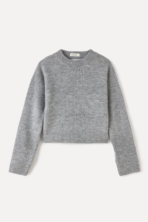 Women's Gray Melange Loose Fit Pullover with Ribbon Detail