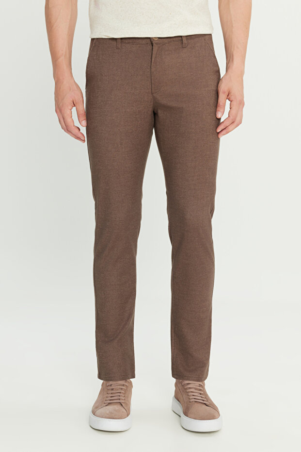 Men's Brown Cotton Slim Fit Slim-Fit Side Pocket Dobby Casual Pants