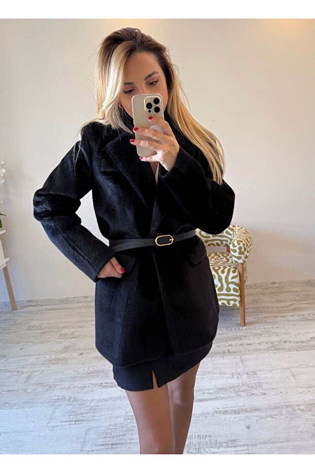 Kırçıllı Kemerli Blazer Ceket - 3