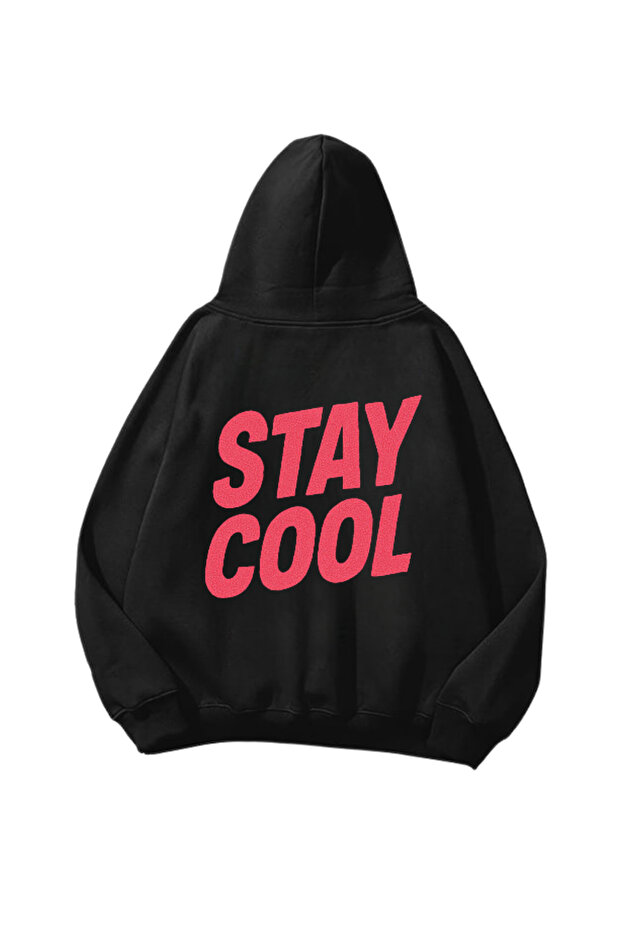 Stay Cool Printed Black Oversize Unisex Hoodie Sweatshirt