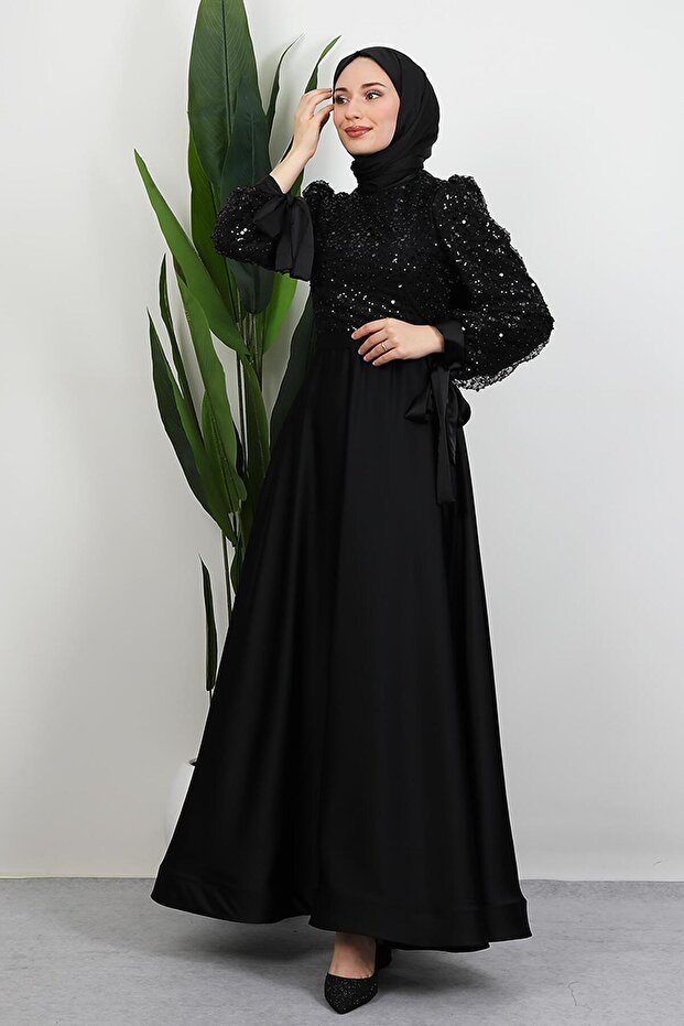 Tarlatanlı Pullu Abiye Siyah - 4