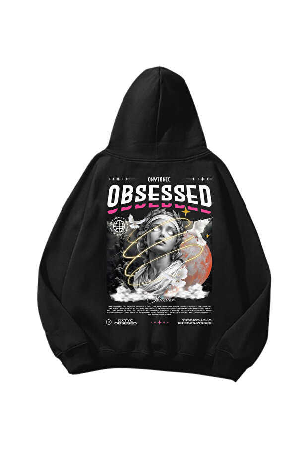 سويت شيرت بقلنسوة أسود كبير الحجم مطبوع عليه Obsessed للجنسين