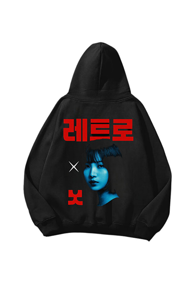 Retro Printed Black Oversize Unisex Hoodie Sweatshirt