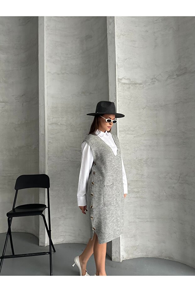 Kadın Gri Yan Düğmeli Triko Süveter Elbise - Kadın Kışlık Şık Model STD - 4