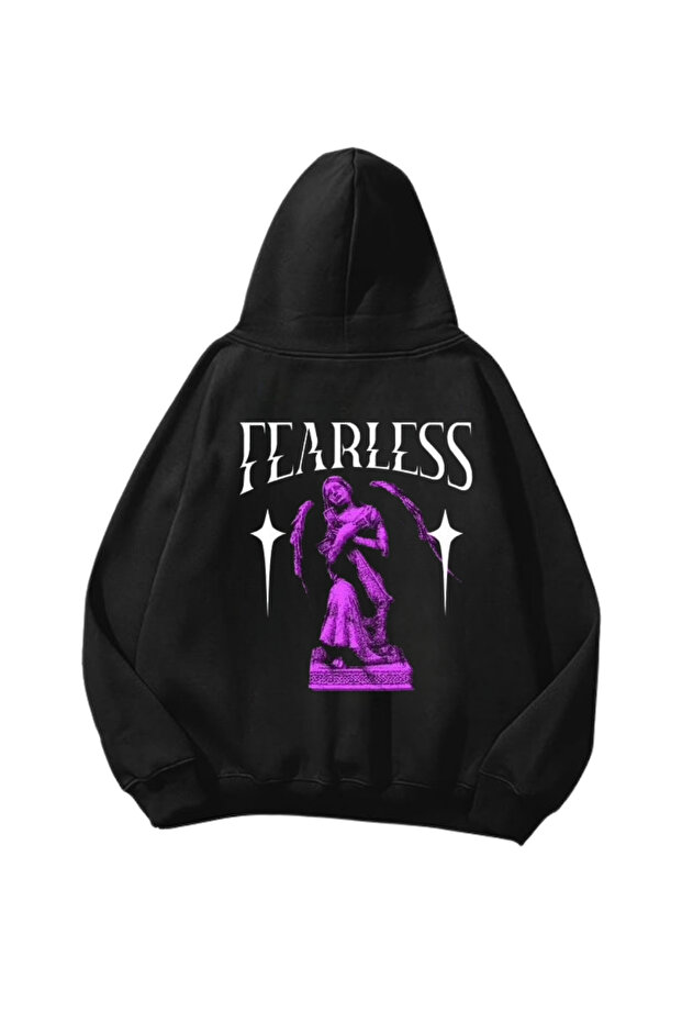 Fearless Printed Black Oversize Unisex Hoodie Sweatshirt