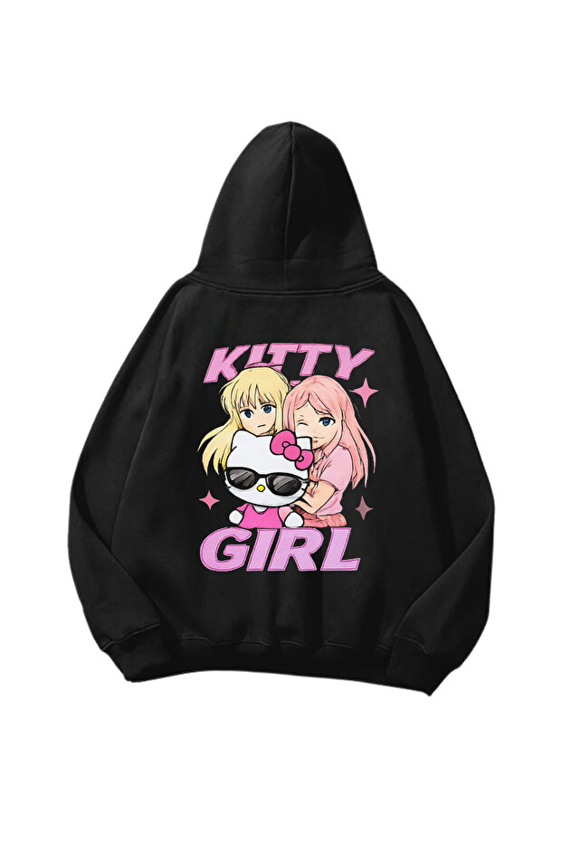 Kitty Girl Printed Black Oversize Unisex Hoodie Sweatshirt