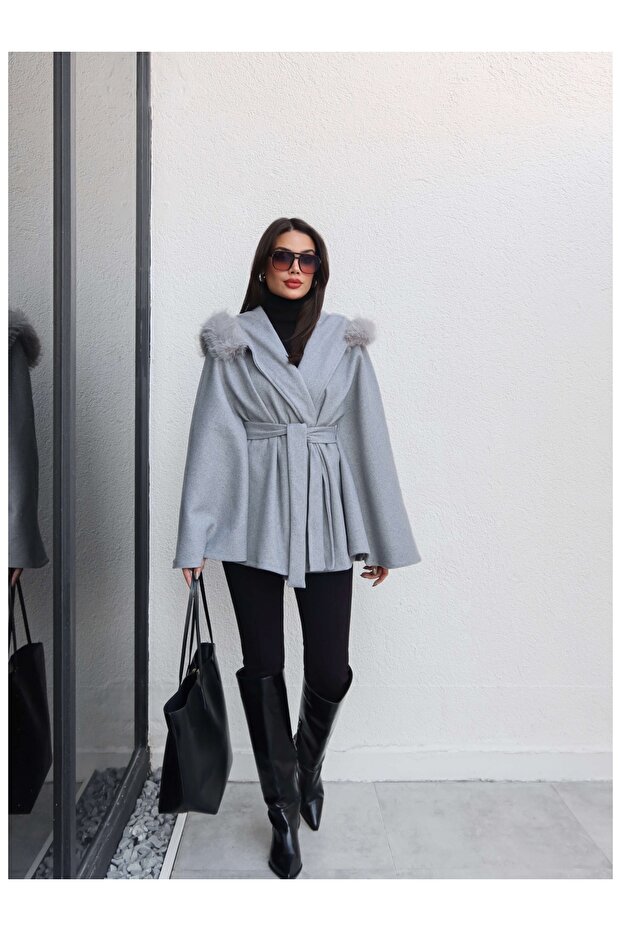 Kürk Kapüşonlu Panço - 6