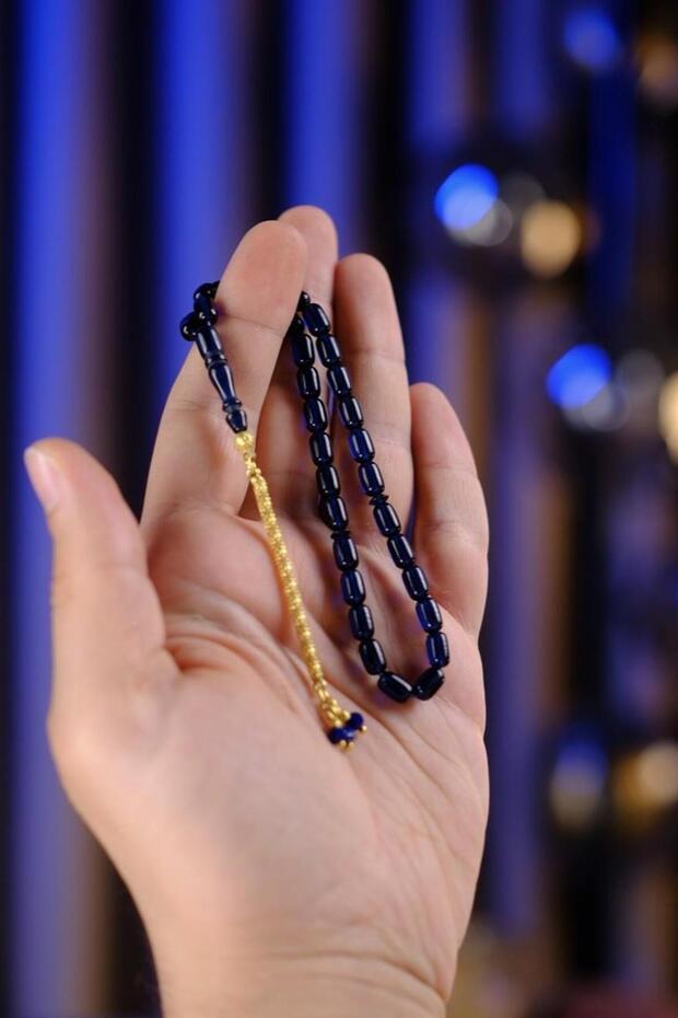 Wrist-Length Gold Design Silver Tassel Blue Fire-I Tightening Amber Prayer Beads