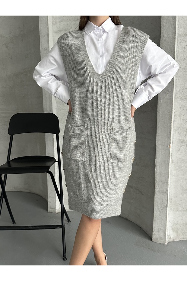 Kadın Gri Yan Düğmeli Triko Süveter Elbise - Kadın Kışlık Şık Model STD - 1