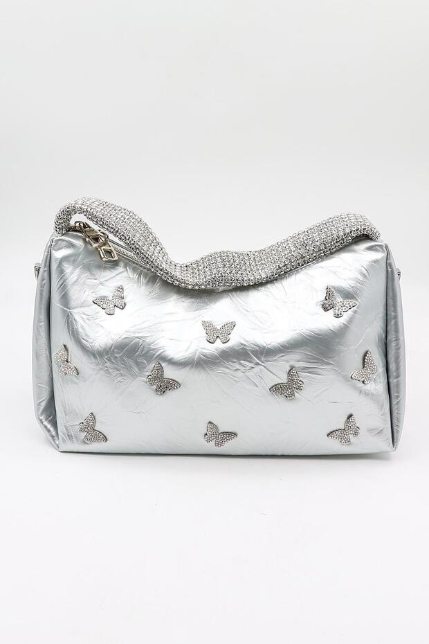 Brand Imported Stone Handle Women's Stylish Bag with Butterfly Accessories Kb892 - Silver