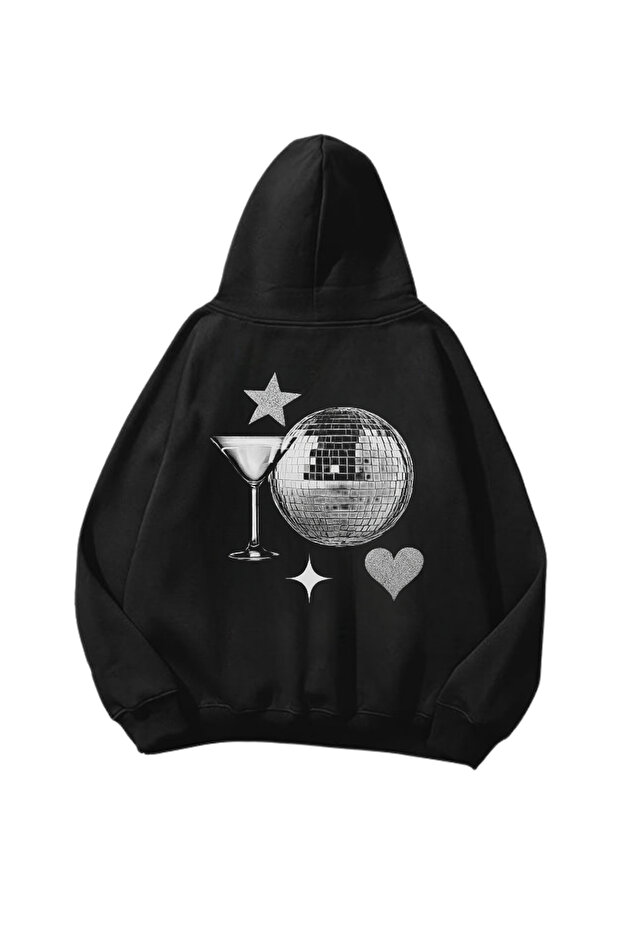 Cocktail City Printed Black Oversize Unisex Hoodie Sweatshirt